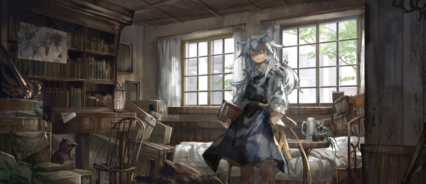 1girl absurdres book bookshelf chair eyebrows_visible_through_hair highres holding holding_book july_(shichigatsu) lantern long_hair looking_at_viewer map mattress original parted_lips red_eyes scenery solo white_hair window world_map