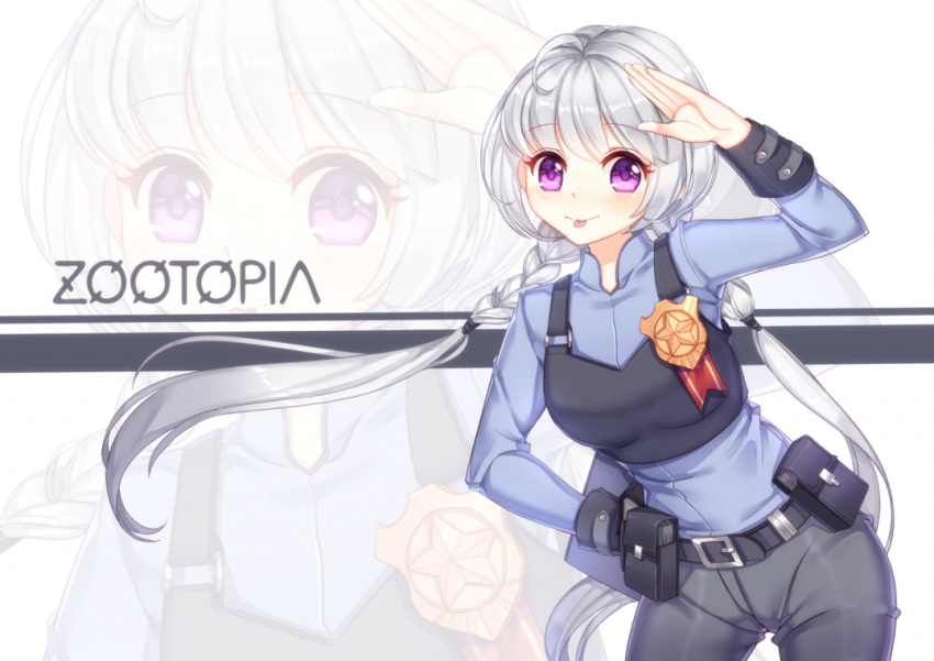 ahoge arm_up badge bent_elbow blush character_request copyright_name eyebrows_visible_through_hair hand_on_hip kan_(rainconan) looking_at_viewer red_ribbon ribbon salute silver_hair smile tongue tongue_out twintails violet_eyes zootopia