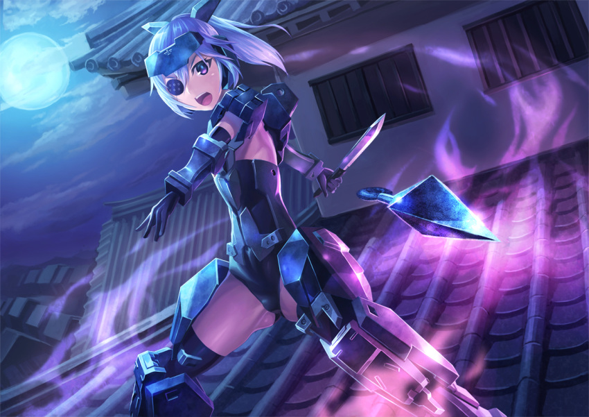 1girl armor black_gloves blue_hair dutch_angle elbow_gloves eyebrows_visible_through_hair eyepatch frame_arms_girl gloves gluteal_fold headgear jinrai_(frame_arms_girl) knife kunai leotard long_hair looking_at_viewer mecha_musume momoto moon night open_mouth outdoors ponytail reverse_grip rooftop solo spread_legs standing teeth throwing tile_roof violet_eyes weapon