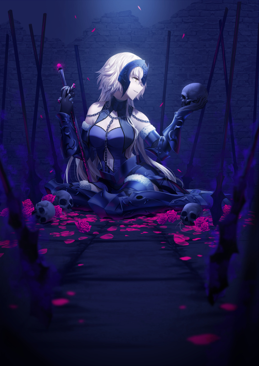 1girl armor armored_boots bare_shoulders blonde_hair boots breasts chains cleavage dark elbow_gloves elbow_pads fate/grand_order fate_(series) faulds flower fur-trimmed_gloves fur-trimmed_legwear fur_trim gauntlets gloves glowing hand_on_hilt headpiece highres holding_skull jeanne_alter large_breasts long_hair looking_to_the_side petals planted_sword planted_weapon profile rimuu rose rose_petals ruler_(fate/apocrypha) sitting skull smirk solo sword thigh-highs tiles very_long_hair weapon yellow_eyes yokozuwari