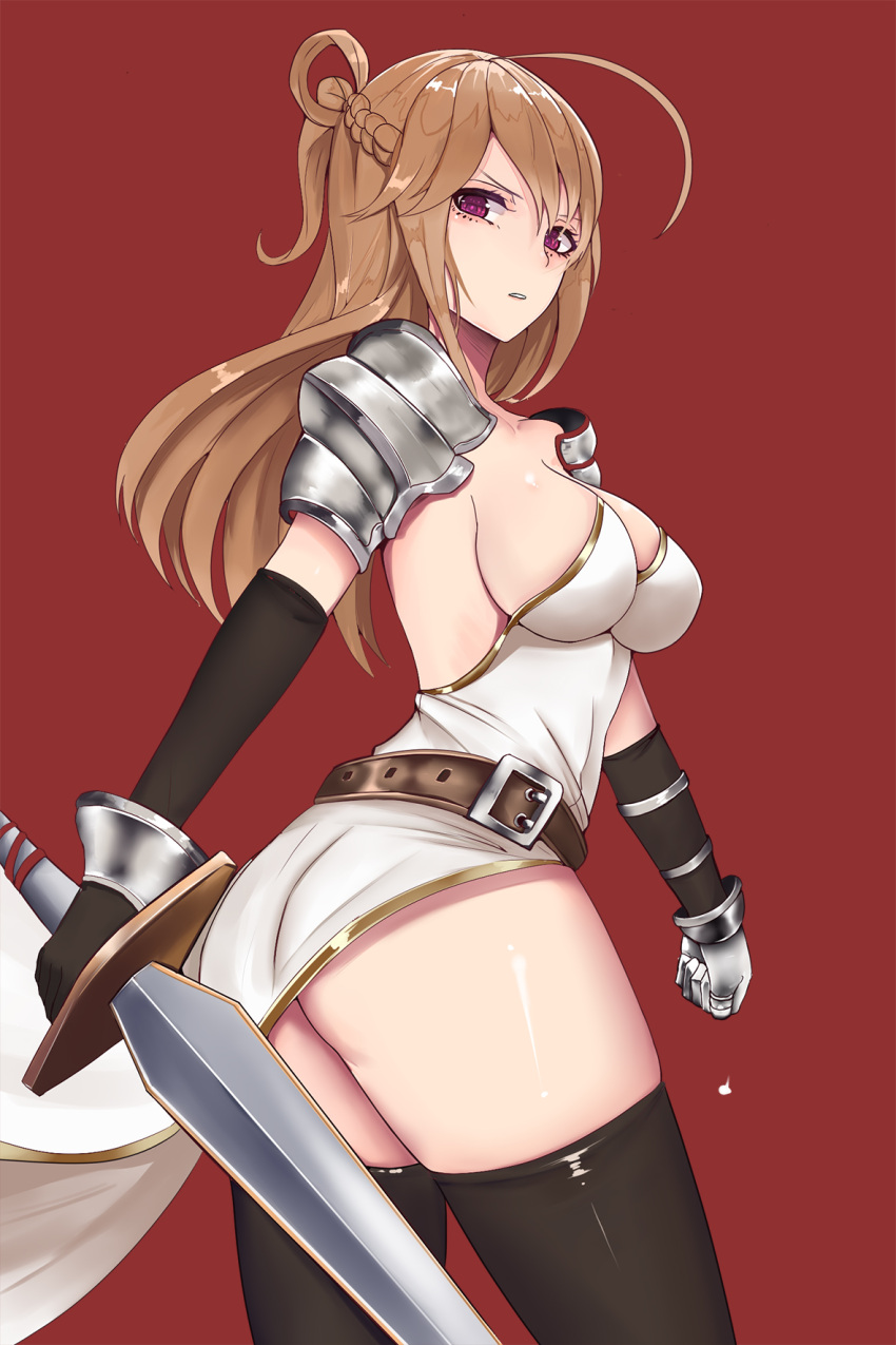 1girl ahoge belt black_gloves black_legwear breasts brown_hair cleavage collarbone cowboy_shot dress elbow_gloves from_side gg-e gloves half_updo highres holding holding_sword holding_weapon knight long_hair looking_at_viewer looking_to_the_side medium_breasts original parted_lips pauldrons red_background scowl sideboob solo strapless strapless_dress sword thigh-highs tube_dress violet_eyes weapon white_dress