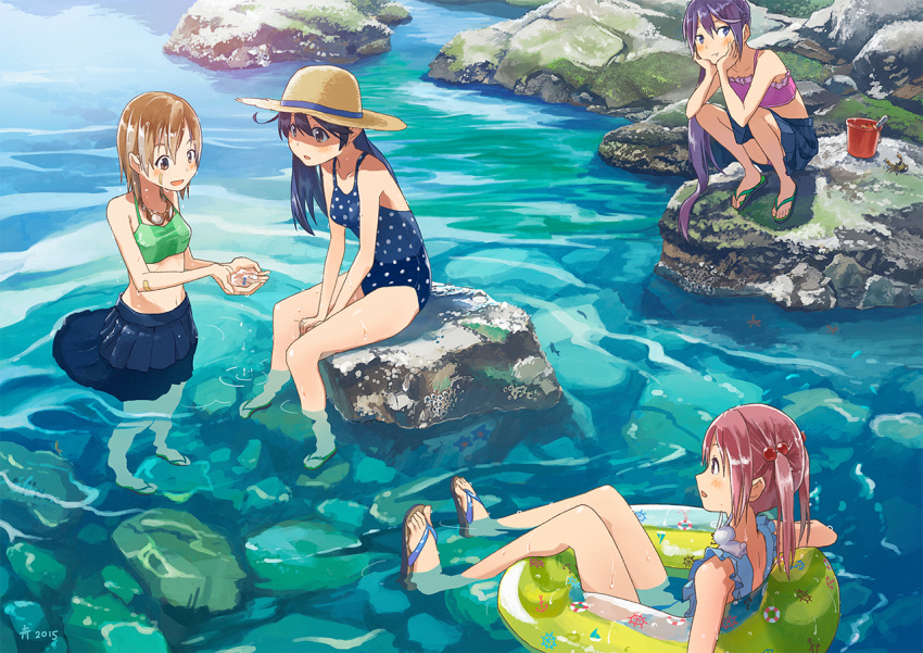 4girls :d akebono_(kantai_collection) alternate_costume bandaid bandaid_on_arm bandaid_on_face black_hair blue_skirt brown_eyes brown_hair bucket hair_between_eyes hair_bobbles hair_ornament hat innertube kantai_collection kusakabe_(kusakabeworks) long_hair multiple_girls oboro_(kantai_collection) one-piece_swimsuit open_mouth pink_eyes pink_hair pleated_skirt polka_dot polka_dot_swimsuit pout purple_hair sandals sazanami_(kantai_collection) short_hair side_ponytail sitting_on_rock skirt smile swimsuit twintails ushio_(kantai_collection) very_long_hair violet_eyes water