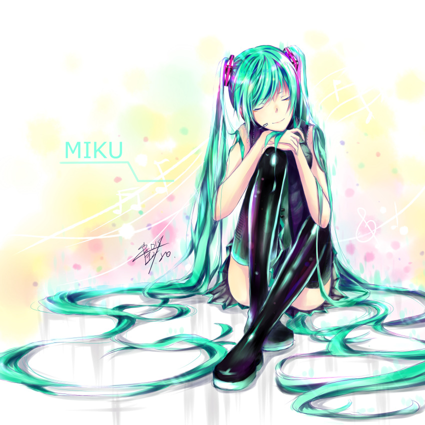 1girl absurdly_long_hair absurdres aqua_hair bare_shoulders boots character_name closed_eyes hair_over_one_eye hands_on_own_knee hatsune_miku headset highres knee_to_chest legs_crossed long_hair long_twintails smile solo thigh-highs thigh_boots thighs twintails very_long_hair vocaloid