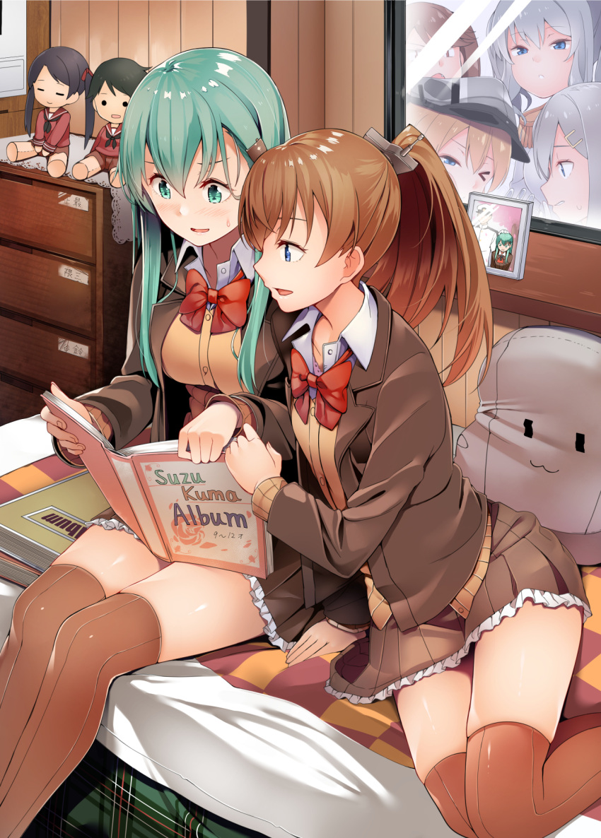 6+girls admiral_(kantai_collection) aqua_eyes aqua_hair blonde_hair blue_eyes bow bowtie breasts brown_blazer brown_hair brown_jacket brown_legwear brown_shorts brown_skirt byte_(allbyte) character_doll chest_of_drawers commentary_request epaulettes frilled_skirt frills hair_ornament hairclip hamakaze_(kantai_collection) hat highres indoors kantai_collection kashima_(kantai_collection) kumano_(kantai_collection) long_hair long_sleeves looking_inside mattress medium_breasts mikuma_(kantai_collection) mogami_(kantai_collection) multiple_girls on_bed one_eye_closed peaked_cap photo_(object) pillow pleated_skirt ponytail prinz_eugen_(kantai_collection) reading red_bow red_bowtie red_shirt remodel_(kantai_collection) rensouhou-chan ryuujou_(kantai_collection) school_uniform serafuku shirt short_hair shorts silver_hair sitting sitting_on_bed skirt suzuya_(kantai_collection) thigh-highs twintails white_shirt window