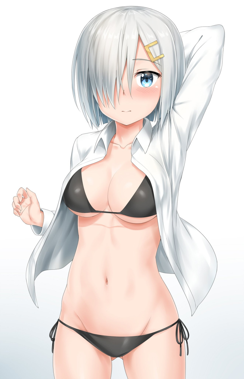 1girl bikini black_bikini blue_eyes blush breasts collarbone gluteal_fold hair_ornament hair_over_one_eye hairclip hamakaze_(kantai_collection) hand_behind_head highres kantai_collection long_sleeves looking_at_viewer medium_breasts navel nedia_r open_clothes open_shirt panties shirt short_hair side-tie_panties silver_hair simple_background solo swimsuit underwear white_background white_shirt