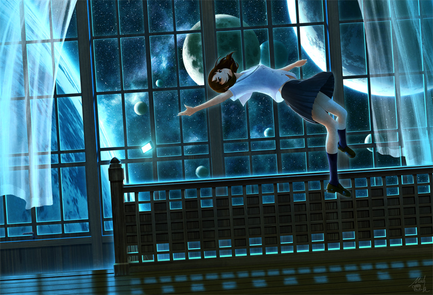 1girl black_eyes black_hair black_legwear black_skirt blue cellphone curtains dark dutch_angle galaxy indoors kneehighs mocha_(cotton) night original phone planet railing reflective_floor scenery shadow short_hair signature skirt solo space star_(sky) surreal window