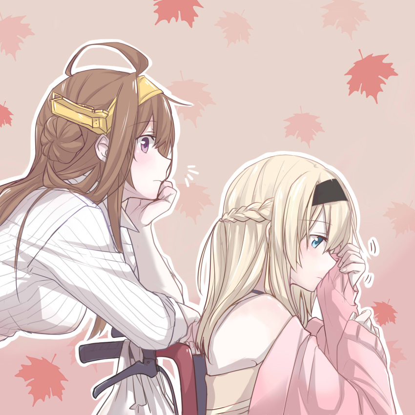 2girls absurdres ahoge alternate_costume bag bare_shoulders braid brown_hair casual commentary double_bun french_braid hairband highres kantai_collection kongou_(kantai_collection) leaf light_brown_hair maple_leaf multiple_girls pin.s plastic_bag smelling sweater violet_eyes warspite_(kantai_collection) wheelchair