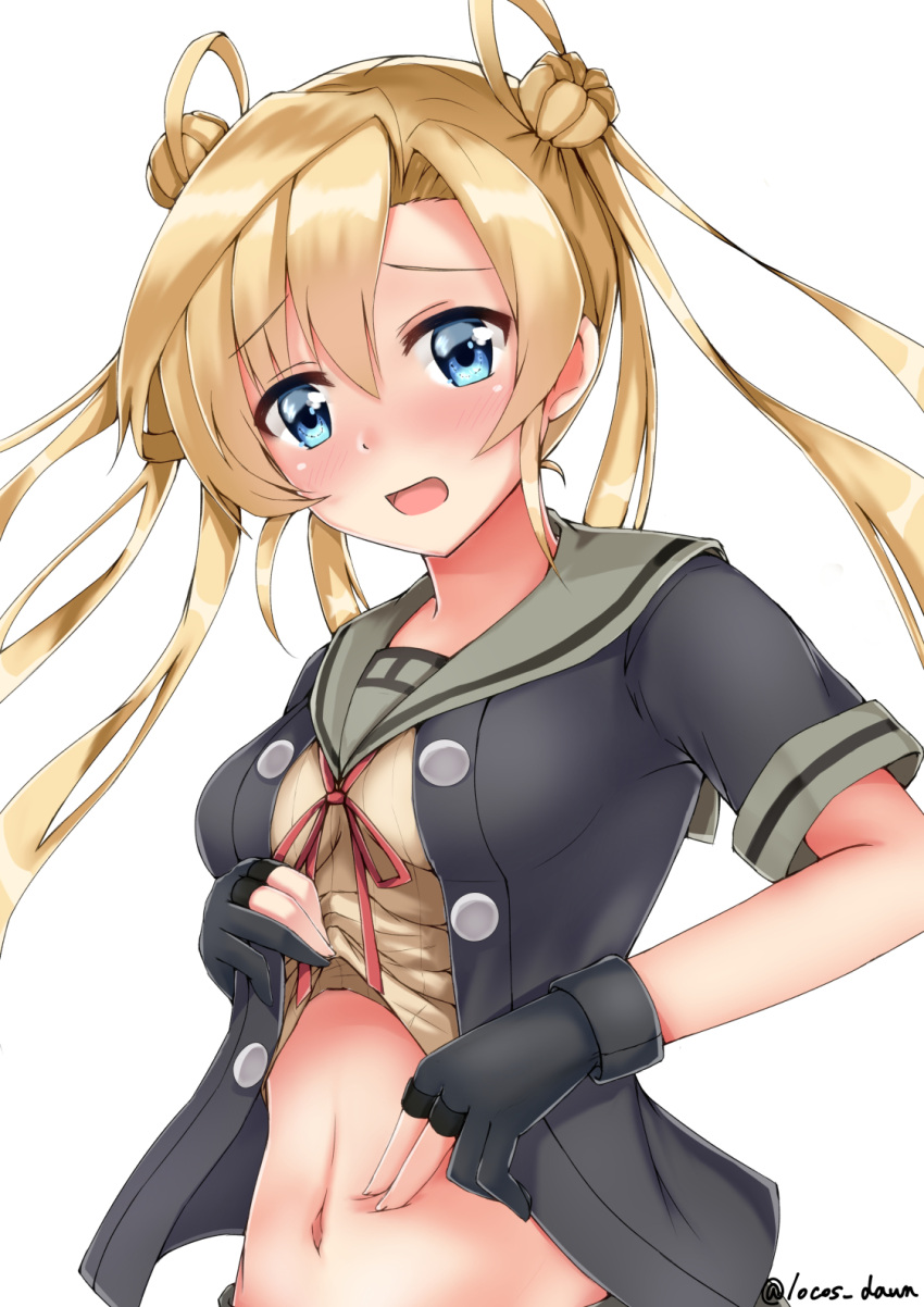 1girl abukuma_(kantai_collection) black_gloves black_jacket blonde_hair blue_eyes buttons gloves grey_sailor_collar hair_between_eyes hair_rings highres jacket kantai_collection long_hair open_mouth partly_fingerless_gloves red_ribbon remodel_(kantai_collection) ribbon rokosu_(isibasi403) sailor_collar short_sleeves simple_background solo twitter_username white_background
