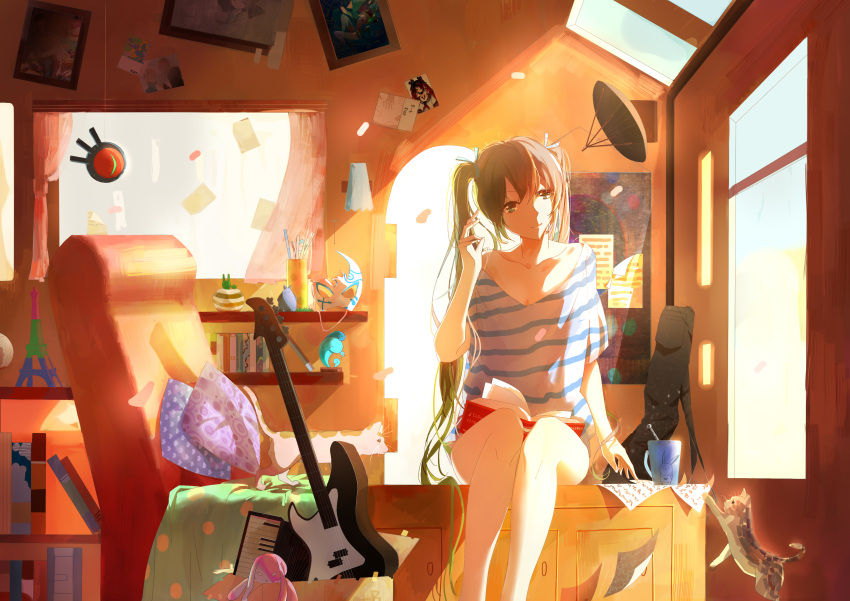 1girl absurdres aqua_eyes aqua_hair book bookshelf breasts cat cleavage coffee_mug curtains eiffel_tower electric_guitar feihuanjiang guitar guitar_case hatsune_miku highres instrument instrument_case keyboard_(instrument) light_smile long_hair photo_(object) skylight thighs twintails vocaloid