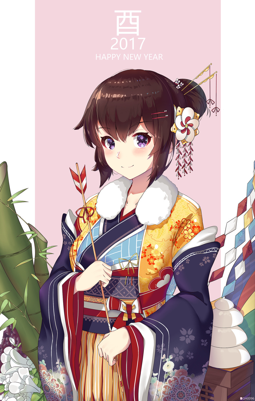 1girl 2017 artist_name bamboo black_hair blush eyebrows_visible_through_hair flower furisode gh_(chen_ghh) hair_bun hair_flower hair_ornament hairclip happy_new_year highres holding_arrow japanese_clothes kimono looking_at_viewer new_year original smile solo translated violet_eyes