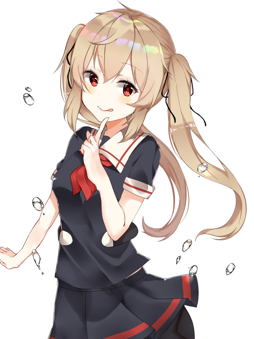 1girl :p black_serafuku black_skirt eyebrows_visible_through_hair hair_between_eyes highres kantai_collection light_brown_hair long_hair looking_at_viewer murasame_(kantai_collection) neckerchief pleated_skirt red_eyes red_neckerchief rerua school_uniform serafuku short_sleeves simple_background skirt smile solo tongue tongue_out twintails white_background