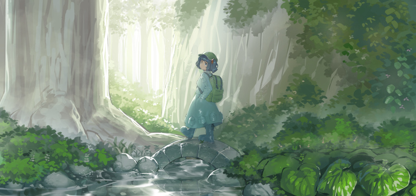 1girl backpack bag blue_eyes blue_hair blue_skirt boots bridge day hair_bobbles hair_ornament hair_ribbon hands_in_pockets hat highres kawashiro_nitori leaf long_sleeves looking_at_viewer monosenbei nature outdoors pocket red_ribbon ribbon rubber_boots skirt solo touhou tree two_side_up walking water