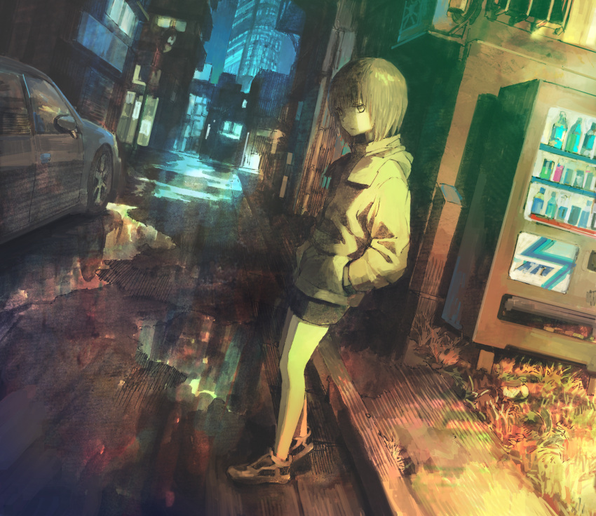 1girl building calligraphy_brush_(medium) car city_lights dark full_body grass ground_vehicle highres long_sleeves looking_back millipen_(medium) motor_vehicle night night_sky original outdoors pavement puddle reflection road scenery shoes short_hair shorts sky sneakers solo street tokunaga_akimasa traditional_media vending_machine