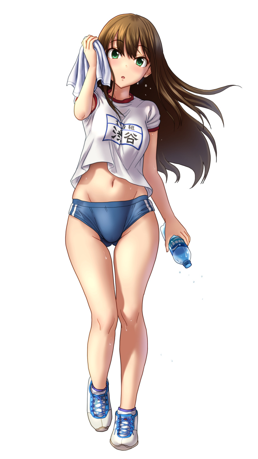 1girl alternate_costume black_hair blush bottle buruma dripping flying_sweatdrops full_body gluteal_fold green_eyes groin gym_uniform highres holding holding_bottle idolmaster idolmaster_cinderella_girls kezune_(i-_-i) long_hair looking_at_viewer navel shibuya_rin short_sleeves simple_background solo sweat sweating towel wedgie white_background wiping_sweat