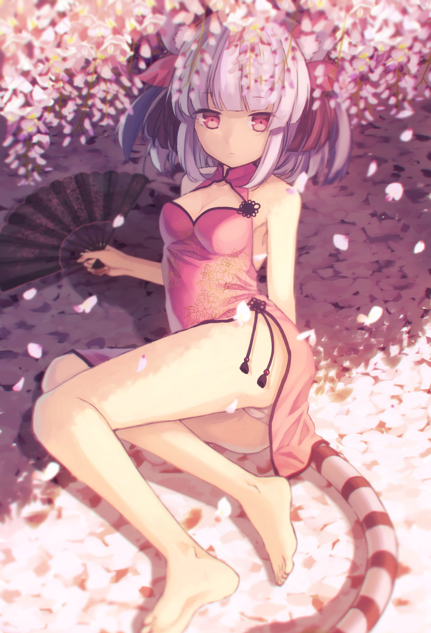 1girl absurdres animal_ears armpits bare_shoulders barefoot breasts cherry_blossoms china_dress chinese_clothes cleavage cleavage_cutout dress fan folding_fan hair_ornament haku_(p&amp;d) highres lavender_hair looking_at_viewer lying medium_breasts multicolored_hair on_side panties pantyshot petals purple_hair puzzle_&amp;_dragons red_eyes short_hair solo squallea striped_tail tail tiger_ears tiger_tail two-tone_hair underwear white_panties