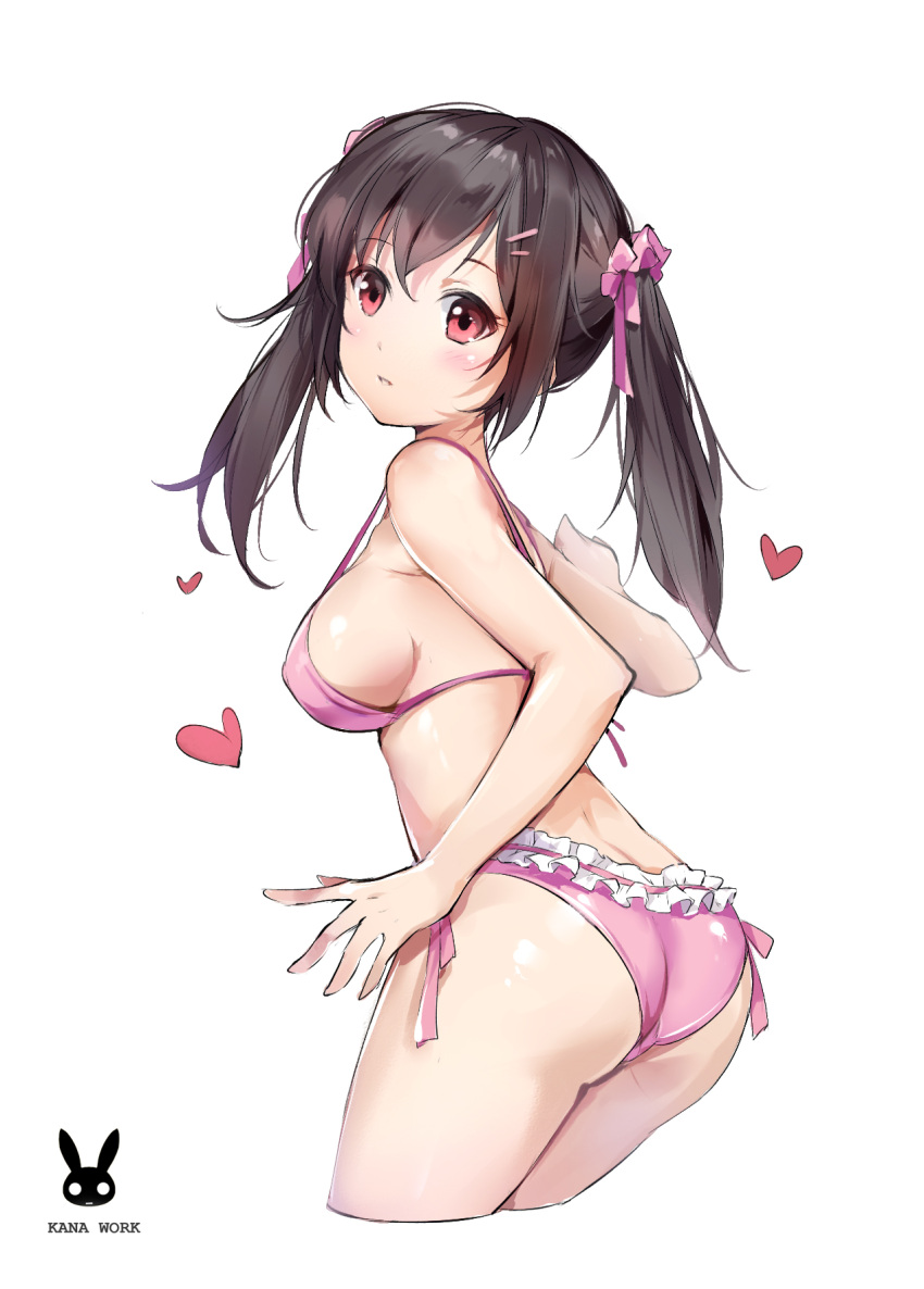 1girl arm_at_side artist_name ass bangs bare_arms bare_legs bare_shoulders bikini blush breasts brown_eyes brown_hair cropped_legs erect_nipples eyebrows_visible_through_hair frilled_bikini frills from_behind hair_between_eyes hair_ornament hair_ribbon hairclip heart highres legs_together long_hair looking_at_viewer looking_back medium_breasts original parted_lips pink_bikini pink_ribbon ribbon sideboob simple_background solo standing swimsuit tracyton twintails twisted_neck twisted_torso white_background