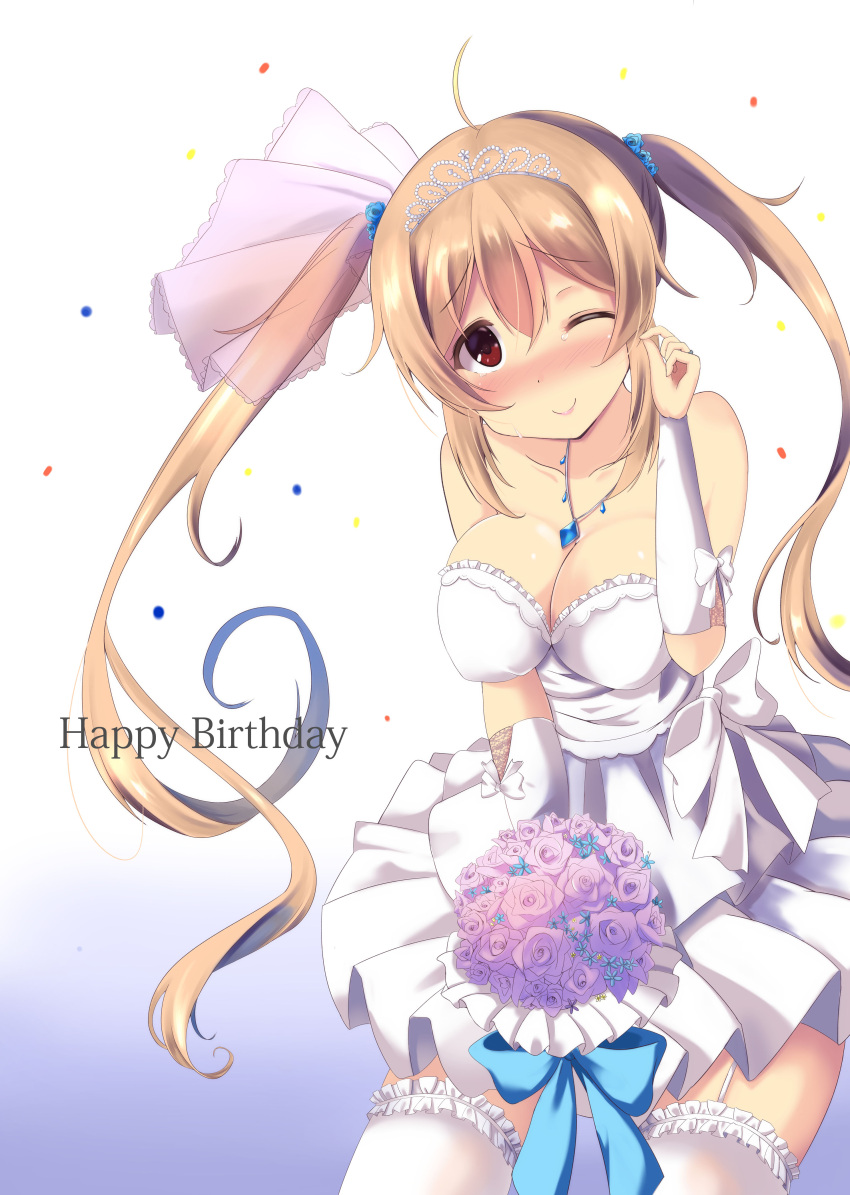 1girl absurdres ahoge alternate_costume bare_shoulders blue_flower blush bouquet breasts cleavage collarbone dress flower gradient gradient_background hair_between_eyes highres holding holding_bouquet jewelry kantai_collection large_breasts light_brown_hair long_hair looking_at_viewer murasame_(kantai_collection) necklace one_eye_closed purple_flower purunyara red_eyes ring smile solo tears thigh-highs twintails very_long_hair wedding_band wedding_dress white_dress white_legwear
