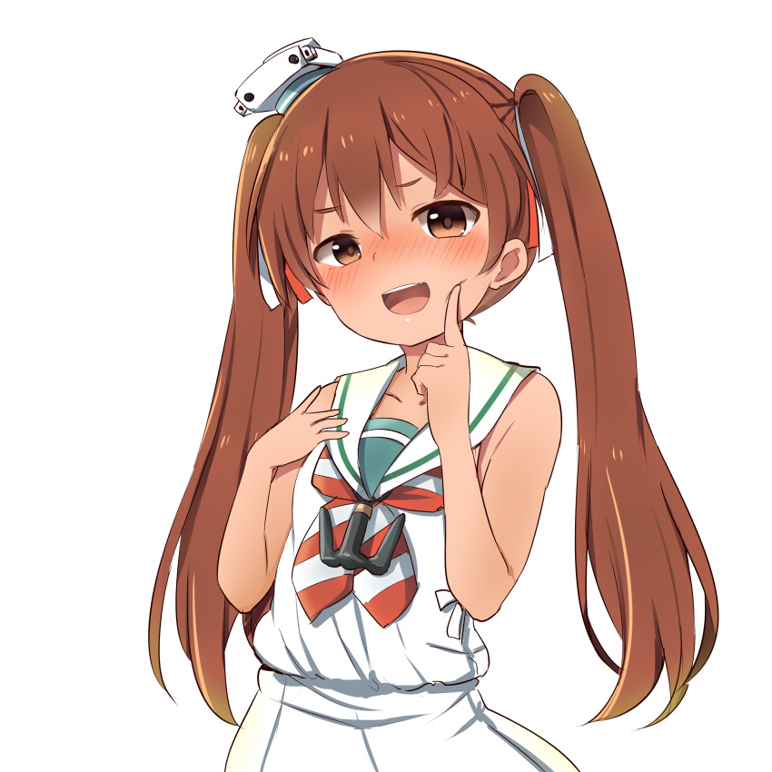 &gt;:d 1girl :d absurdres bangs bare_arms bare_shoulders blush brown_eyes brown_hair collarbone dark_skin dress finger_to_cheek hair_ribbon hand_on_own_chest hat highres kantai_collection libeccio_(kantai_collection) long_hair looking_at_viewer neckerchief nose_blush open_mouth ribbon round_teeth sailor_dress simple_background sleeveless sleeveless_dress smile solo striped striped_neckerchief tareme teeth tonari_(ichinichime_azuma) twintails upper_body very_long_hair white_background white_dress white_hat