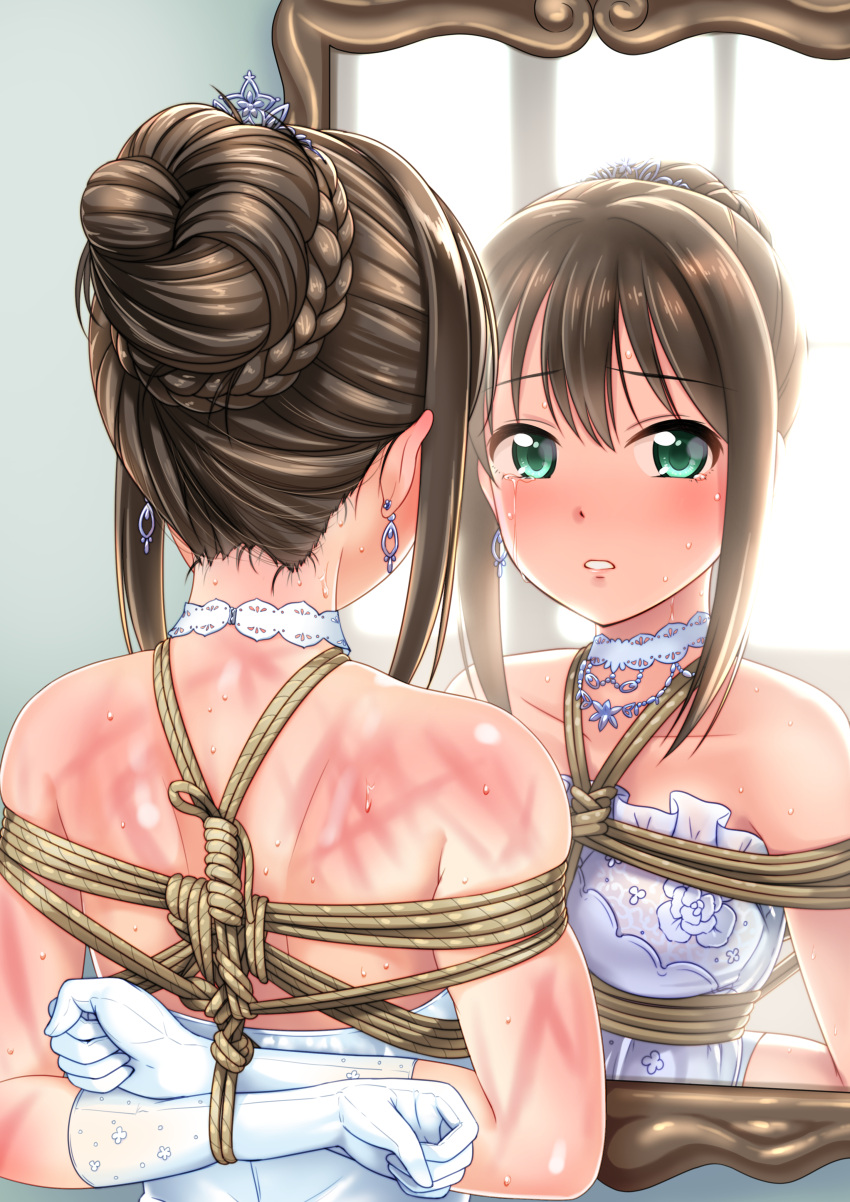 1girl absurdres bare_shoulders bdsm blush bondage bound breasts brown_hair collarbone crying crying_with_eyes_open dress earrings elbow_gloves eyebrows_visible_through_hair gloves green_eyes hair_bun highres idolmaster idolmaster_cinderella_girls jakelian jewelry looking_at_mirror looking_at_viewer medium_breasts mirror parted_lips reflection restrained scar shibuya_rin short_hair solo sweat tears tied_up upper_body wedding_dress whip_marks white_gloves