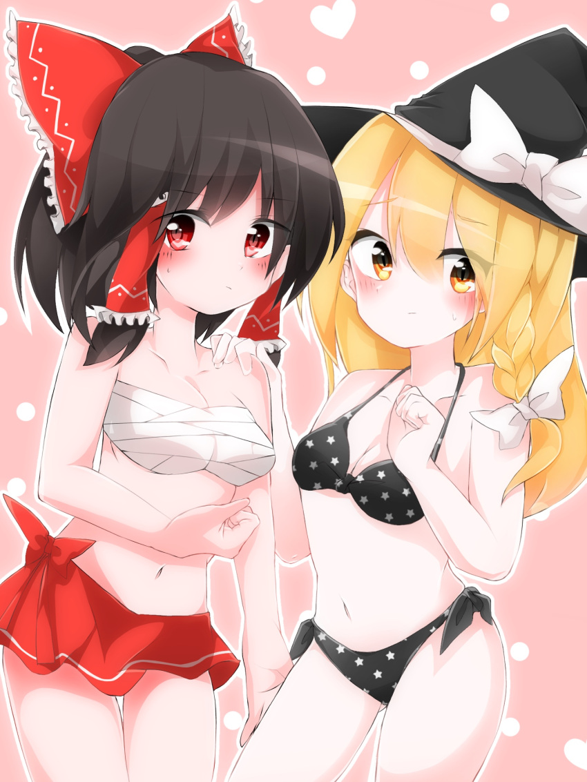 2girls :/ bikini black_hair blonde_hair blush bow braid breasts clenched_hand commentary hair_bow hair_tubes hakurei_reimu hand_on_another's_shoulder hand_on_another's_thigh hat highres hiyorinrin large_bow long_hair medium_breasts multiple_girls ponytail red_eyes sarashi sarong short_hair shy side-tie_bikini side_braid single_braid small_breasts star star_print sweat swimsuit touhou witch_hat yellow_eyes