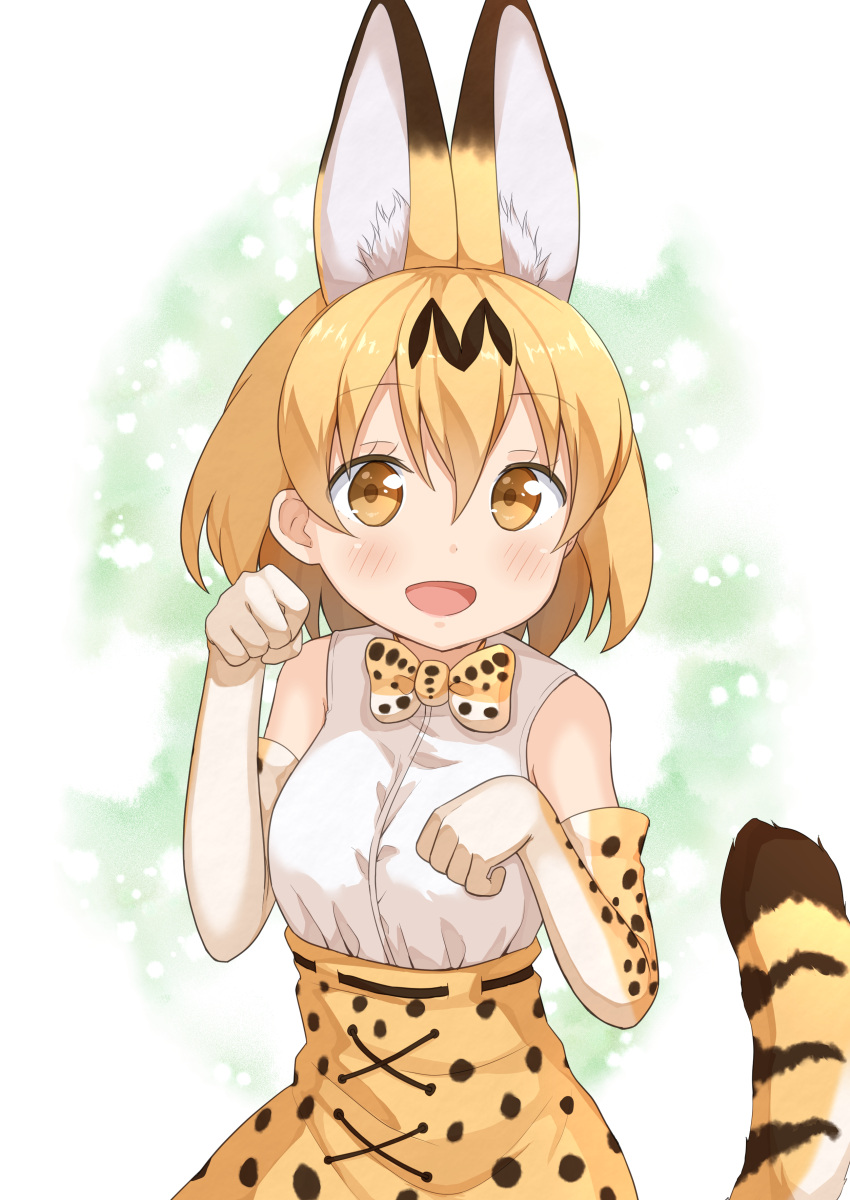 1girl absurdres animal_ears blonde_hair bow bowtie brown_eyes elbow_gloves gloves highres kemono_friends looking_at_viewer miyabeeya open_mouth paw_pose serval_(kemono_friends) serval_ears serval_print serval_tail short_hair solo striped_tail tail