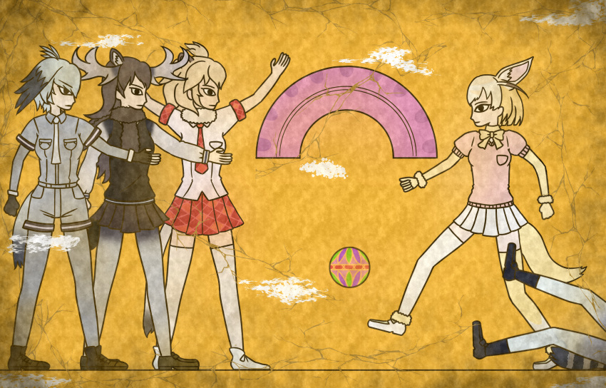 5girls animal_ears antlers arms_up belt black_eyes black_gloves black_hair black_legwear black_scarf black_shoes black_skirt blonde_hair bow breast_pocket brown_hair brown_shoes clenched_hand closed_mouth collared_shirt commentary_request common_raccoon_(kemono_friends) crack egyptian_art eyebrows_visible_through_hair fennec_(kemono_friends) fingerless_gloves fox_ears fox_tail from_side full_body fur_collar fur_trim gloves grey_hair grey_legwear grey_shirt grey_shorts hair_between_eyes head_wings highres kemono_friends kita_(7kita) legs_apart lion_(kemono_friends) lion_ears lion_tail loafers long_hair long_sleeves lying moose_(kemono_friends) moose_ears moose_tail multicolored_hair multiple_girls necktie on_back on_ground pantyhose paper_balloon pink_sweater plaid plaid_necktie plaid_skirt plaid_sleeves pleated_skirt pocket profile puffy_short_sleeves puffy_sleeves scarf shirt shoebill_(kemono_friends) shoes short_hair short_sleeves shorts skirt socks standing striped_tail sweater sweater_vest tail thigh-highs two-tone_hair white_necktie white_shirt white_shoes wing_collar yellow_background yellow_bow yellow_gloves yellow_skirt