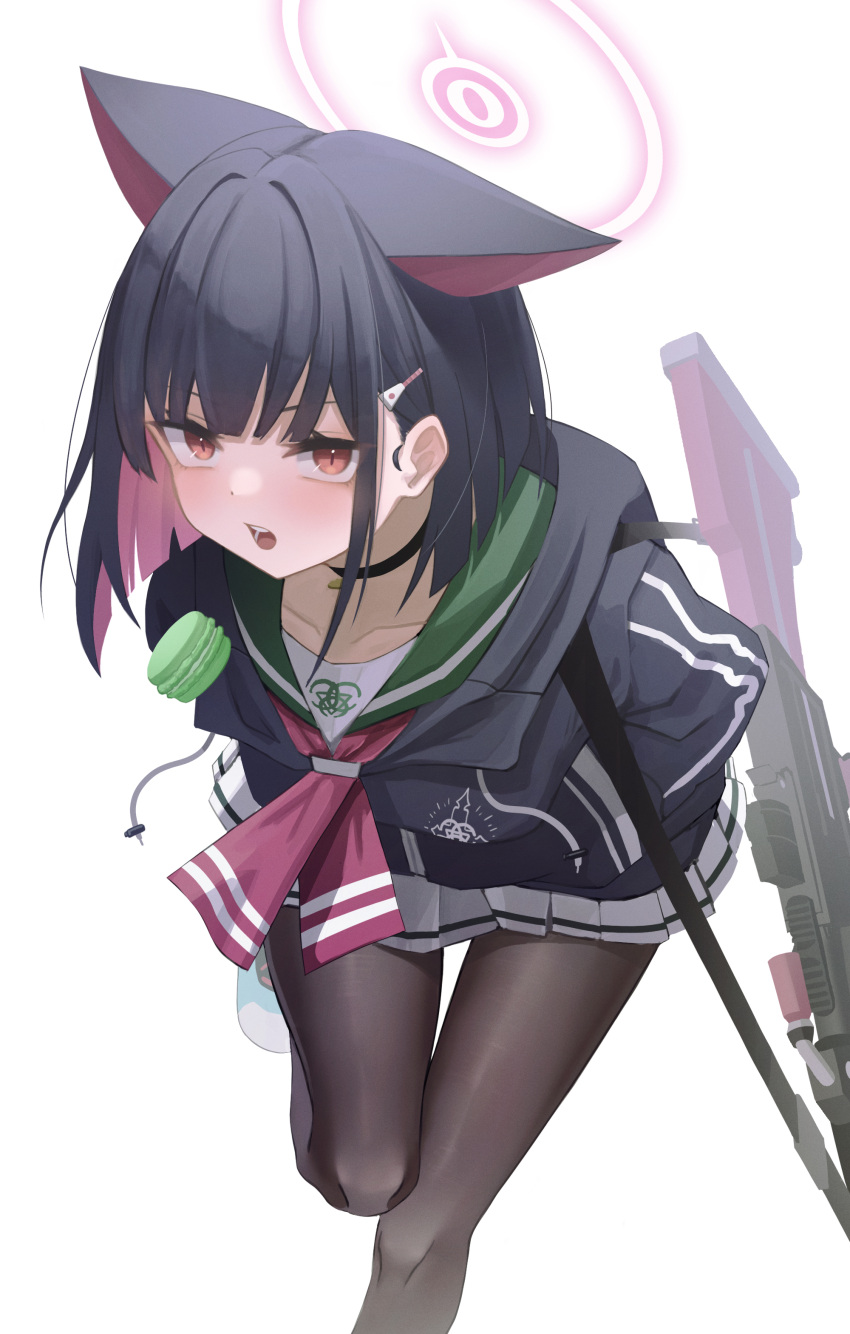 1girl absurdres animal_ears bangs black_choker black_hair black_jacket black_pantyhose blue_archive blunt_bangs blush bow bowtie brown_pantyhose choker collarbone colored_inner_hair commentary food green_sailor_collar gun hair_ornament hairclip halo hands_in_pockets highres hood hooded_jacket jacket kazusa_(blue_archive) long_sleeves looking_at_viewer machine_gun multicolored_hair open_mouth pantyhose pink_hair pleated_skirt red_bow red_bowtie red_eyes sailor_collar short_hair simple_background skirt solo standing standing_on_one_leg teeth two-tone_hair weapon white_background white_footwear white_skirt yako_mashiro