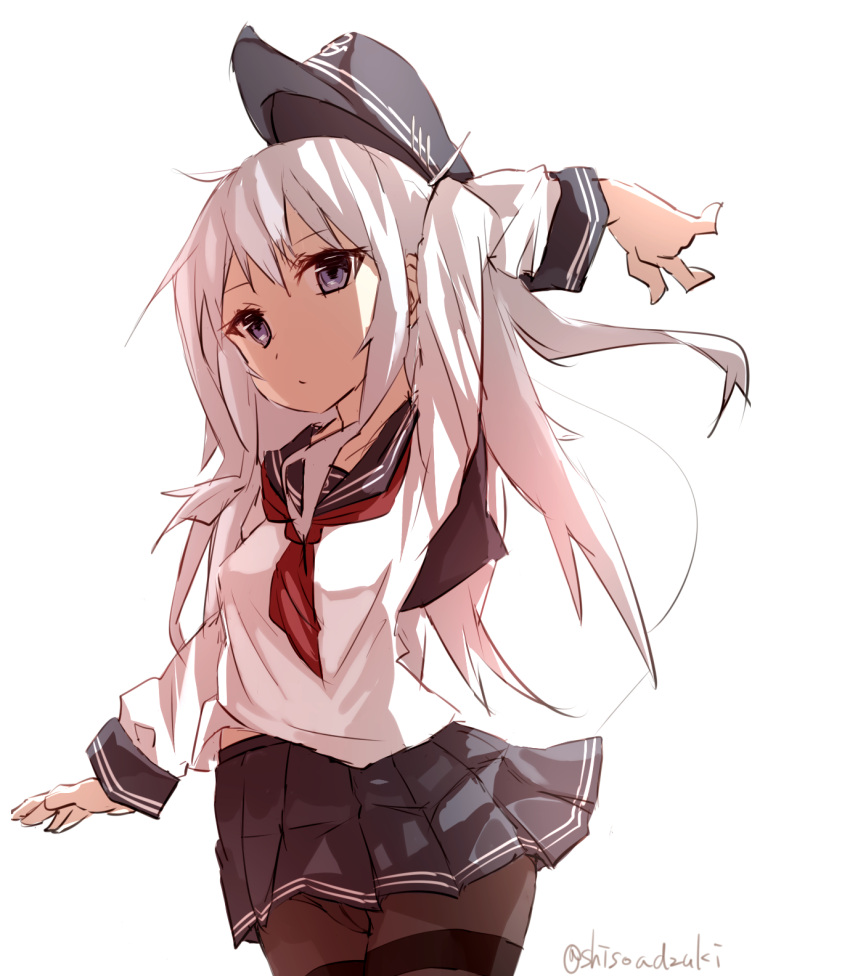 1girl black_hat black_legwear black_sailor_collar black_skirt blue_eyes flat_cap hat hibiki_(kantai_collection) highres kantai_collection long_hair long_sleeves neckerchief pantyhose pleated_skirt red_neckerchief sailor_collar school_uniform serafuku shiso_azuki silver_hair simple_background sketch skirt solo thighband_pantyhose twitter_username white_background