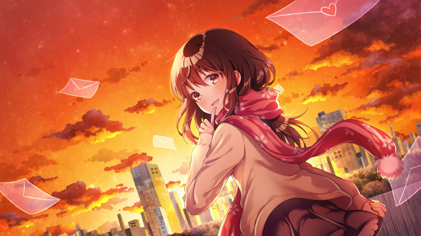 1girl black_skirt blush brown_eyes brown_hair cityscape commentary_request envelope eyebrows_visible_through_hair finger_to_face highres looking_at_viewer open_mouth original red_scarf scarf school_uniform skirt smile solo sunset suzumi_shiro wallpaper