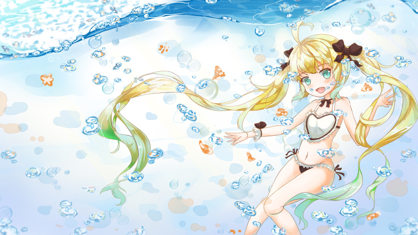 1girl absurdres ahoge albacore_(zhan_jian_shao_nyu) alternate_costume bangs bikini black_bow black_ribbon blonde_hair bow collarbone floating_hair frilled_bikini frills gradient_hair green_eyes hair_ribbon hand_up highres ice_laozei knees_together_feet_apart light long_twintails looking_at_viewer multicolored_hair navel neck_ribbon open_hands open_mouth outstretched_arm ribbon side-tie_bikini single_wrist_cuff smile solo swimsuit underwear waves zhan_jian_shao_nyu