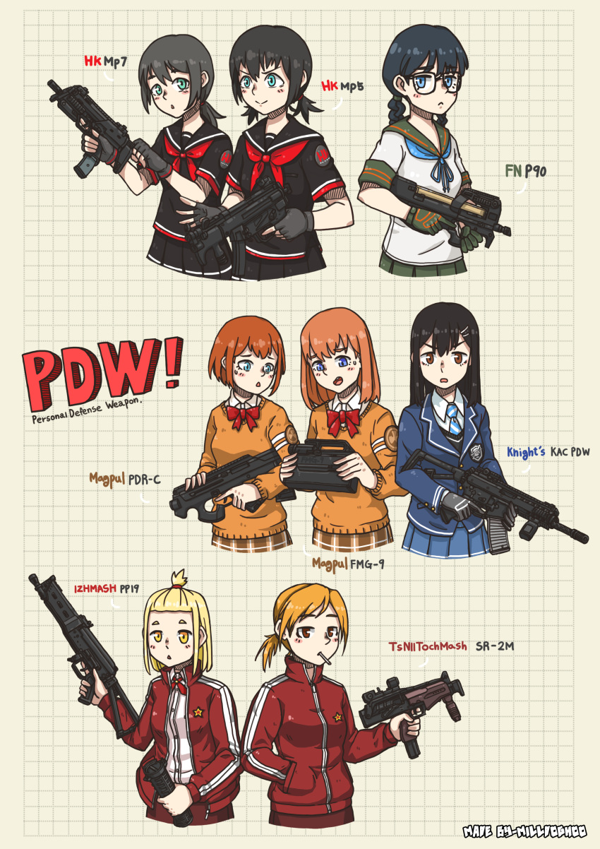 6+girls absurdres armband black_hair blonde_hair blue_eyes blush_stickers bow bowtie braid brown_eyes brown_hair bullpup fingerless_gloves fmg-9 frown glasses gloves gun h&amp;k_mp5 h&amp;k_mp7 hair_ornament hairclip hand_in_pocket heckler_&amp;_koch highres jacket kac_pdw magazine_(weapon) milldoghoo multiple_girls necktie original p90 pdr-c personification pleated_skirt ponytail pp-19_bizon redhead school_uniform signature skirt smile sr-2m submachine_gun track_jacket trigger_discipline twintails weapon yellow_eyes