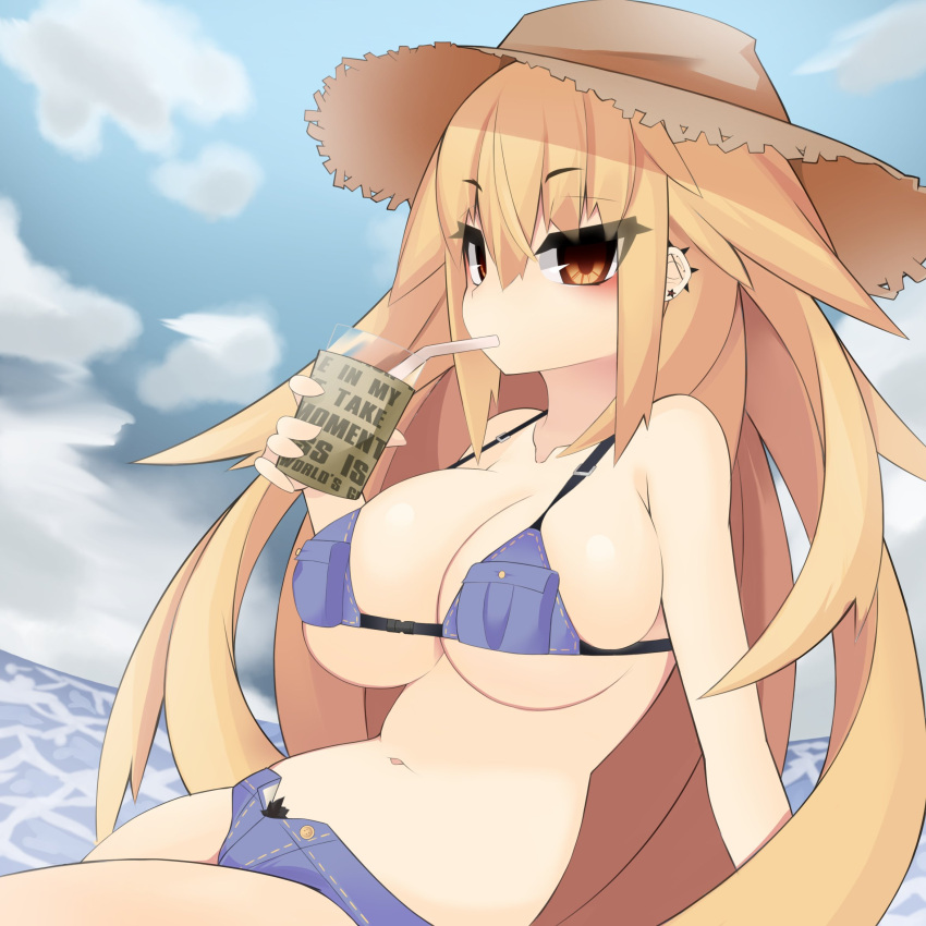 1girl bikini blonde_hair blue_bikini blush breast_pocket breasts brown_eyes cleavage clouds cup drinking drinking_glass drinking_straw ear_piercing hat highres large_breasts long_hair navel ocean original piercing pocket sky solo straw_hat swimsuit zasuta