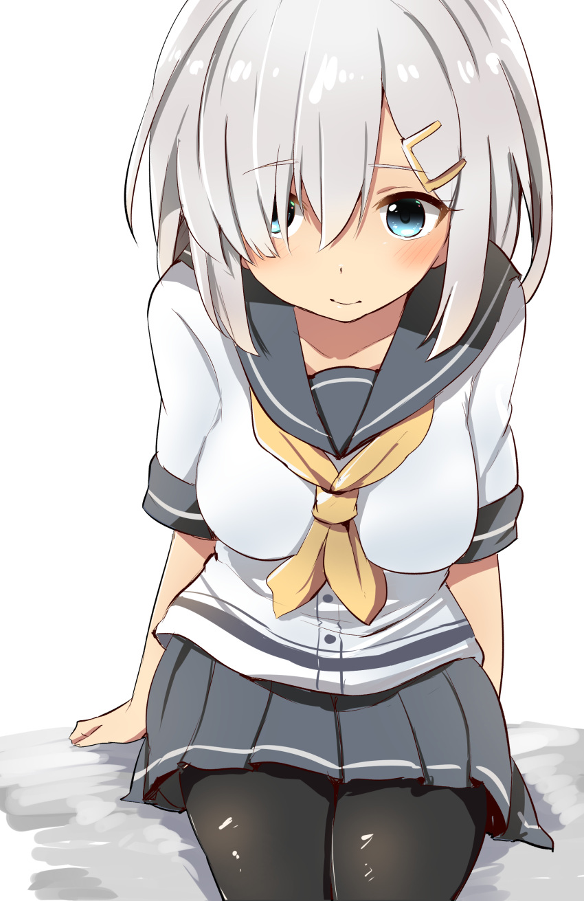 1girl absurdres blue_eyes blush from_above hair_ornament hair_over_one_eye hairclip hamakaze_(kantai_collection) highres kantai_collection neckerchief pantyhose pleated_skirt sailor_collar school_uniform serafuku silver_hair sitting skirt solo tonari_(ichinichime_azuma) white_background