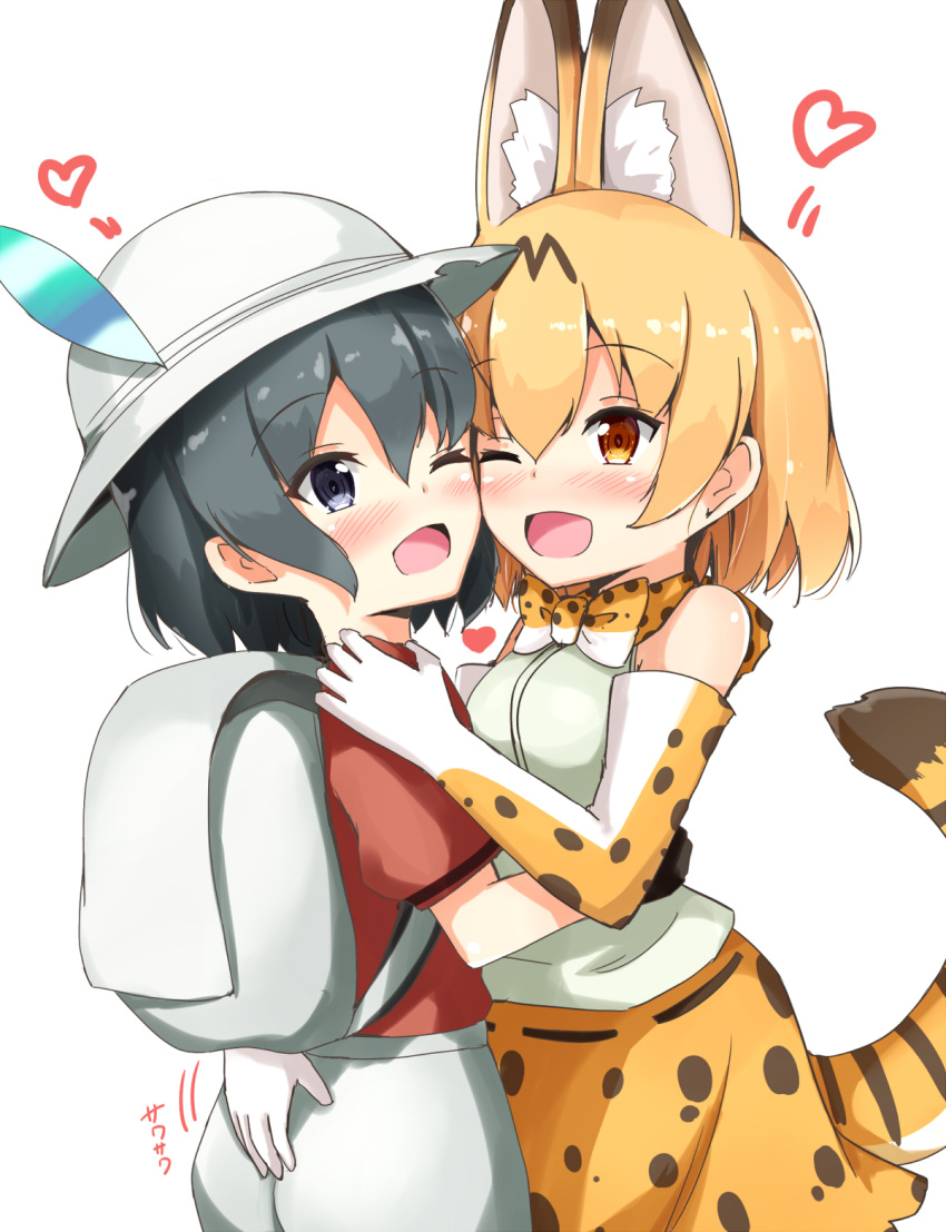 2girls ;d aikawa_ryou animal_ears backpack bag bare_shoulders black_hair blonde_hair blush cheek-to-cheek commentary elbow_gloves eyebrows_visible_through_hair gloves graphite_(medium) groping hair_between_eyes hand_on_another's_shoulder happy hat hat_feather heart highres kaban_(kemono_friends) kemono_friends multiple_girls mutual_hug one_eye_closed open_mouth orange_eyes print_bowtie print_gloves print_skirt red_shirt serval_(kemono_friends) serval_ears serval_print serval_tail shirt short_hair simple_background skirt sleeveless sleeveless_shirt smile tail traditional_media violet_eyes white_background yuri