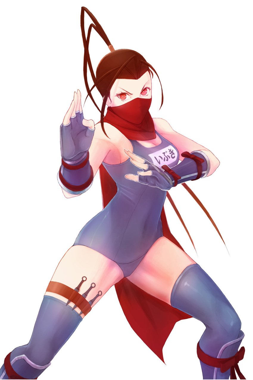 1girl antenna_hair arm_guards armpits black_hair breasts cleavage fighting_stance fingerless_gloves gloves half_mask high_ponytail highres ibuki_(street_fighter) kunai kuso_otoko looking_at_viewer ponytail scarf school_swimsuit shin_guards simple_background solo street_fighter street_fighter_v swimsuit thigh-highs thigh_strap weapon