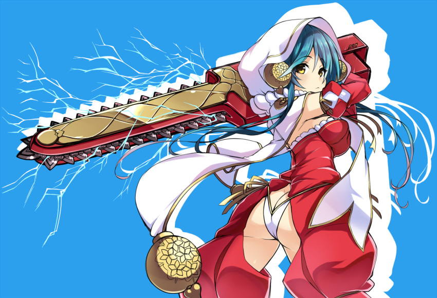 1girl :&lt; ass blue_background blue_hair butt_crack chainsaw cowboy_shot crotchless_pants electricity expressionless flower_knight_girl gene_(gear_gene) hood long_hair looking_at_viewer over_shoulder panties pants red_pants shamusakuraran_(flower_knight_girl) simple_background solo underwear weapon weapon_over_shoulder white_panties yellow_eyes