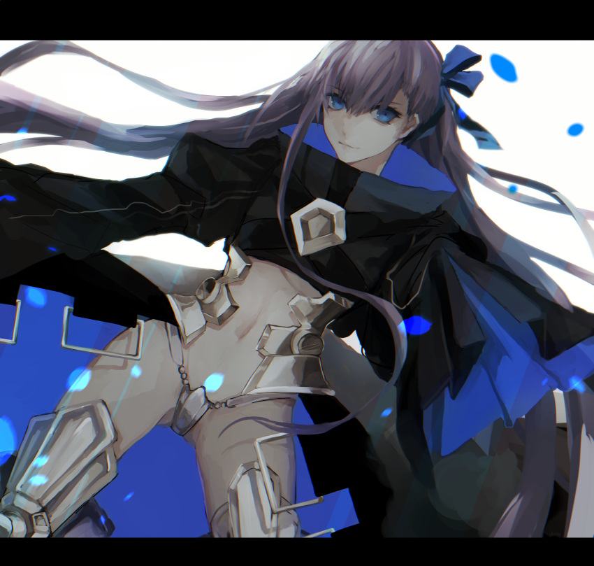 1girl armor armored_boots bangs black_coat blue_eyes blue_ribbon boots closed_mouth crotch_plate dutch_angle eyebrows_visible_through_hair fate/extra fate/extra_ccc fate/grand_order fate_(series) floating_hair hair_ribbon highres juliet_sleeves legs_apart letterboxed long_hair long_sleeves looking_at_viewer meltlilith navel puffy_sleeves purple_hair revealing_clothes ribbon shiyunoa smile solo thighs