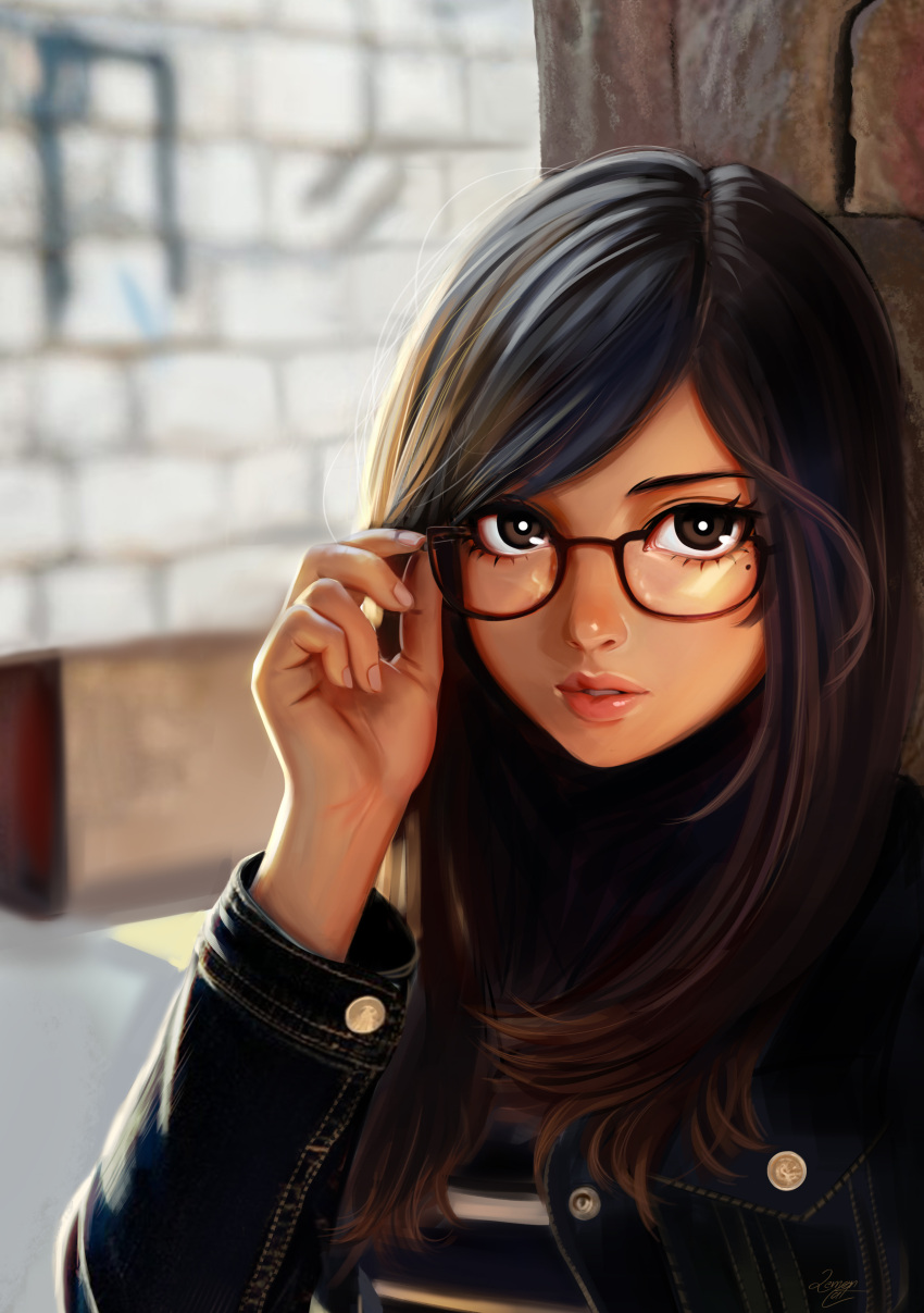 1girl absurdres bangs black_eyes black_hair blurry day depth_of_field glasses highres lemon_cat looking_at_viewer mole mole_under_eye original outdoors parted_lips signature swept_bangs upper_body