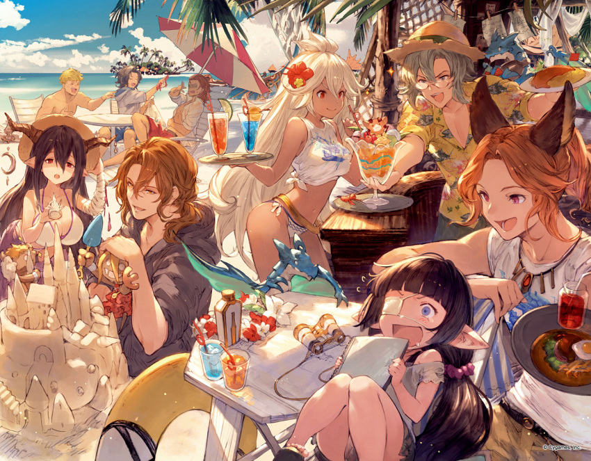 &gt;_&lt; 3girls 6+boys :d altair_(granblue_fantasy) animal_ears bare_shoulders beach beach_chair binoculars black_hair blonde_hair blue_eyes book brown_eyes closed_eyes clouds collarbone cup danua dark_skin dragon earrings eyepatch food glasses granblue_fantasy hat hawaiian_shirt helnar highres hood hoodie horns island jewelry lancelot_(granblue_fantasy) lunaru_(granblue_fantasy) minaba_hideo multiple_boys multiple_girls necklace official_art open_mouth orange_hair palm_tree parfait percival_(granblue_fantasy) pointy_ears ponytail puppet red_eyes redhead sand_castle sand_sculpture shirt shorts siegfried_(granblue_fantasy) smile source_request straw_hat sweater tears the_order_grande tree umbrella unbuttoned unbuttoned_shirt vane_(granblue_fantasy) vee_(granblue_fantasy) violet_eyes water white_hair xd