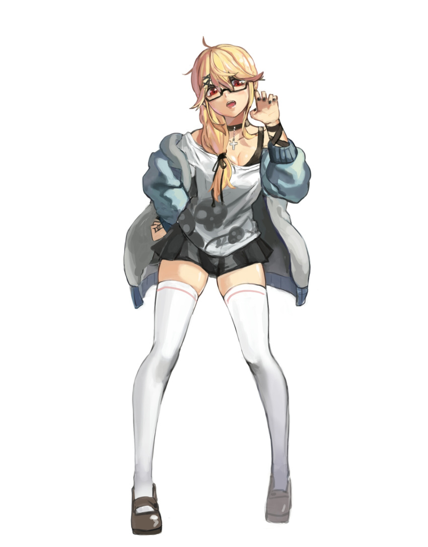 1girl bangs black_nails blonde_hair breasts cleavage cross cross_necklace full_body glasses hair_ornament hairclip hand_on_hip hand_up highres jewelry long_hair looking_at_viewer nail_polish necklace open_mouth original rang_go red_eyes shoes skirt skull_print solo thigh-highs white_background