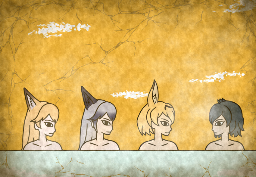 4girls animal_ears bathing black_eyes black_hair blonde_hair closed_mouth collarbone commentary_request crack egyptian_art ezo_red_fox_(kemono_friends) fox_ears from_side grey_hair kaban_(kemono_friends) kemono_friends kita_(7kita) long_hair multicolored_hair multiple_girls nude partially_submerged profile serval_(kemono_friends) serval_ears silver_fox_(kemono_friends) smile steam two-tone_hair water yellow_background