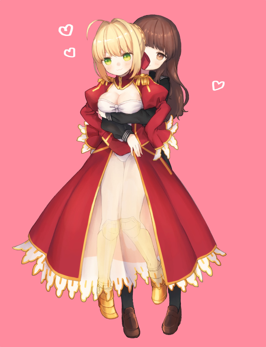 &gt;:3 2girls :3 breasts brown_eyes brown_hair center_opening cleavage dress epaulettes fate/extra fate/extra_ccc fate_(series) green_eyes highres hug hug_from_behind kishinami_hakuno_(female) large_breasts long_hair multiple_girls munuko red_dress saber_extra