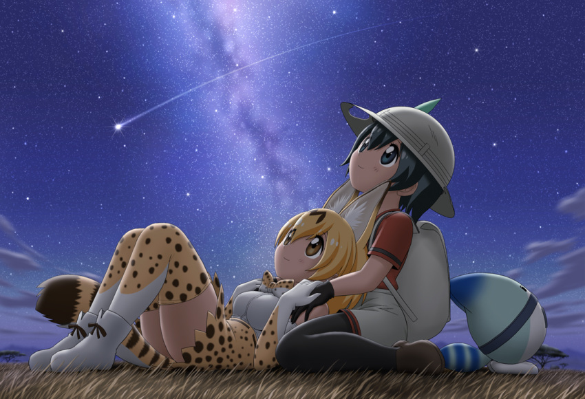 2girls animal_ears black_legwear blonde_hair breasts bucket_hat hat kaban_(kemono_friends) kemono_friends multiple_girls night night_sky pantyhose_under_shorts serval_(kemono_friends) serval_ears serval_print serval_tail shingyouji_tatsuya sky smile star_(sky) starry_sky tail thigh-highs umbrella_thorn