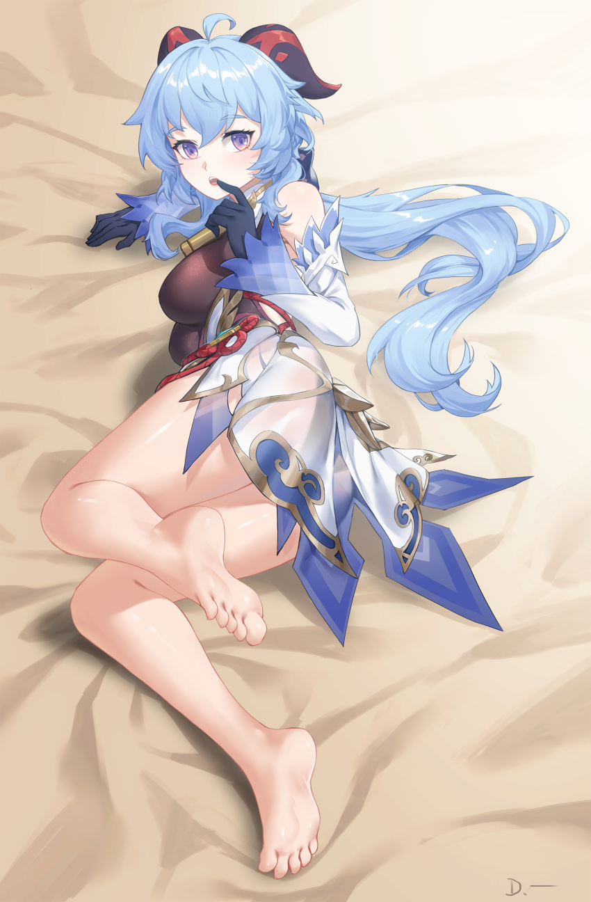1girl absurdres ahoge bangs bare_shoulders barefoot bed_sheet bell black_gloves blue_hair blush breasts detached_sleeves eyebrows_visible_through_hair feet finger_to_mouth ganyu_(genshin_impact) genshin_impact gloves gold_trim highres horns linreplica long_hair looking_at_viewer lying medium_breasts neck_bell no_legwear no_shoes on_side open_mouth see-through sidelocks soles solo thighlet thighs toes violet_eyes vision_(genshin_impact) waist_cape white_sleeves