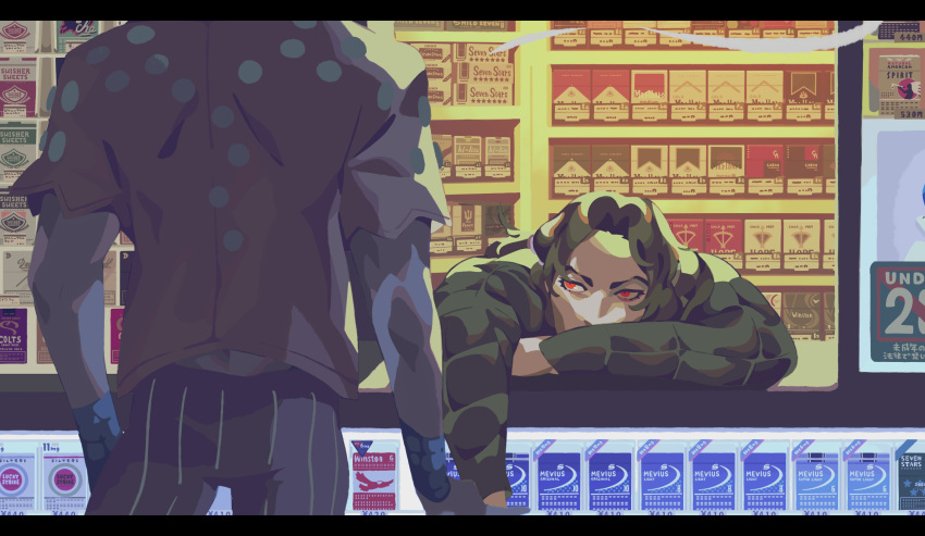 2boys akira_kira black_hair cigarette_pack convenience_store formaggio from_behind highres illuso jojo_no_kimyou_na_bouken leaning_on_table long_sleeves multiple_boys product_placement red_eyes shop short_sleeves solo_focus vento_aureo
