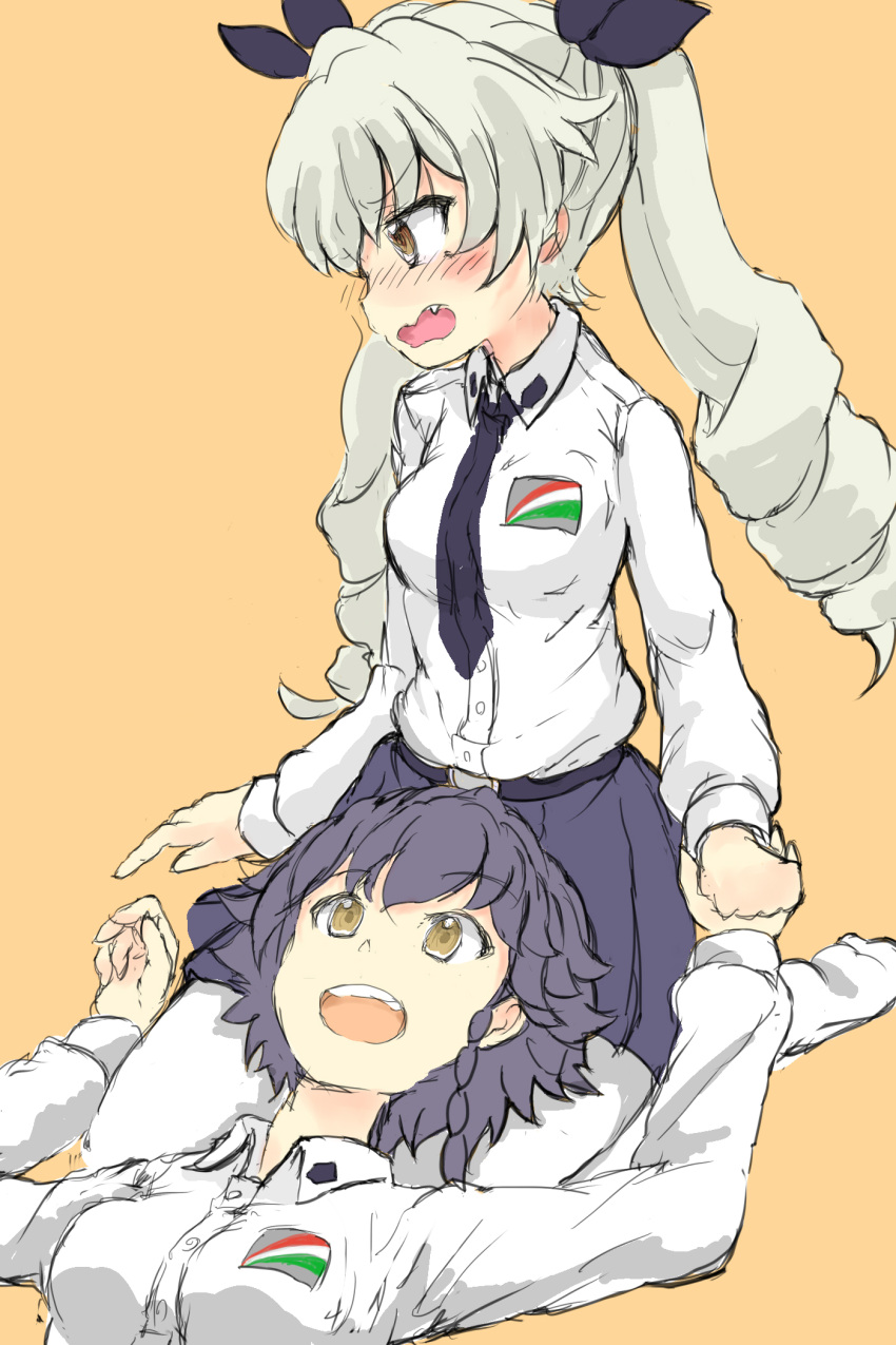 2girls :d anchovy anzio_school_uniform black_necktie blush braid breasts brown_eyes days135 drill_hair fang girls_und_panzer green_hair hand_holding highres lap_pillow long_hair medium_breasts multiple_girls necktie nose_blush open_mouth pantyhose pepperoni_(girls_und_panzer) short_braid side_braid single_braid sitting sketch smile twintails wariza wavy_mouth white_legwear yellow_background yuri