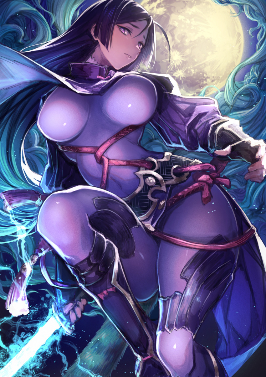 1girl black_hair bodysuit breasts covered_navel curvy fate/grand_order fate_(series) fingerless_gloves full_moon gloves highres large_breasts long_hair looking_at_viewer mephist-pheles minamoto_no_raikou_(fate/grand_order) moon parted_lips solo violet_eyes wide_hips