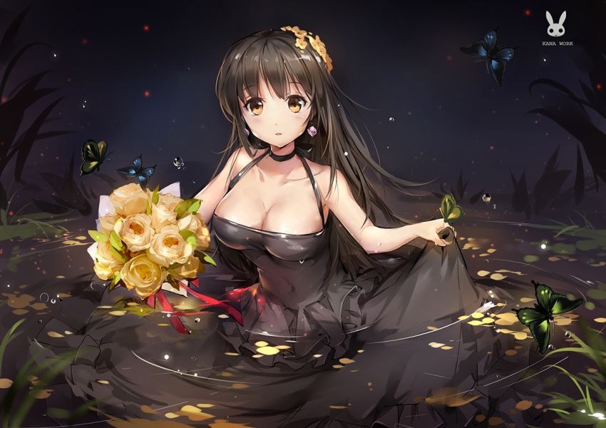 1girl artist_name bangs bare_arms bare_shoulders black_choker black_dress blush bouquet breasts brown_hair butterfly choker cleavage collarbone dress earrings eyebrows_visible_through_hair flower hair_flower hair_ornament holding holding_bouquet jewelry large_breasts lily_pad long_hair looking_at_viewer night open_mouth original partially_submerged plant ripples rose skirt_hold sleeveless sleeveless_dress solo tracyton water water_drop yellow_eyes yellow_flower yellow_rose