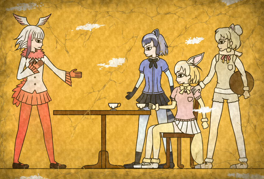 4girls alpaca_ears alpaca_suri_(kemono_friends) animal_ears beige_shoes beige_sweater black_bow black_eyes black_gloves black_hair black_legwear black_shoes black_skirt blonde_hair blue_shirt bow breast_pocket breasts brown_eyes brown_hair chair clenched_hand closed_mouth commentary_request common_raccoon_(kemono_friends) crack cup egyptian_art fennec_(kemono_friends) fox_ears fox_tail frilled_sleeves frills from_side full_body fur_collar fur_trim gloves grey_hair hand_on_another's_shoulder hand_on_own_chest head_wings highres holding japanese_crested_ibis_(kemono_friends) kemono_friends kita_(7kita) legs_apart long_hair long_sleeves mary_janes medium_breasts multicolored multicolored_hair multicolored_ribbon multiple_girls orange_skirt pantyhose pink_sweater pleated_skirt pocket profile puffy_short_sleeves puffy_sleeves raccoon_ears raccoon_tail red_gloves red_legwear red_ribbon redhead ribbon shirt shoes short_hair short_sleeves sitting skirt smile standing striped_tail sweater sweater_vest table tail teacup thigh-highs tray two-tone_hair white_hair white_legwear white_shirt white_shoes yellow_background yellow_bow yellow_gloves yellow_ribbon yellow_skirt