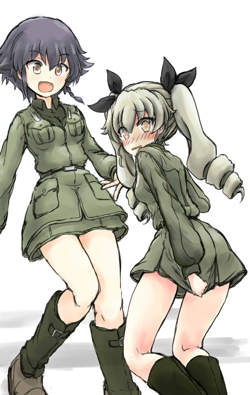 2girls :d absurdres anchovy anzio_military_uniform black_hair black_ribbon blush boots braid days135 drill_hair girls_und_panzer highres looking_at_viewer multiple_girls nose_blush open_mouth pepperoni_(girls_und_panzer) ribbon short_braid side_braid single_braid sketch skirt skirt_pull smile twintails wavy_mouth white_background yellow_eyes